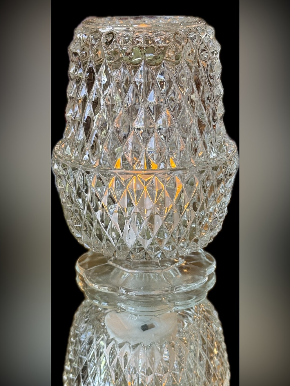 2 piece Indiana Clear Glass Diamond Point Fairy Lamp with geometric pattern.